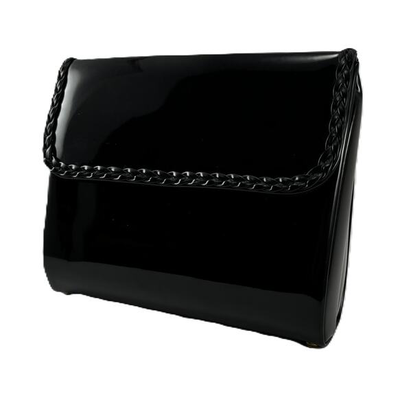Vintage Midcentury Ande Handbag Black Clutch Purse Patent Leather with Chain - Picture 16 of 16